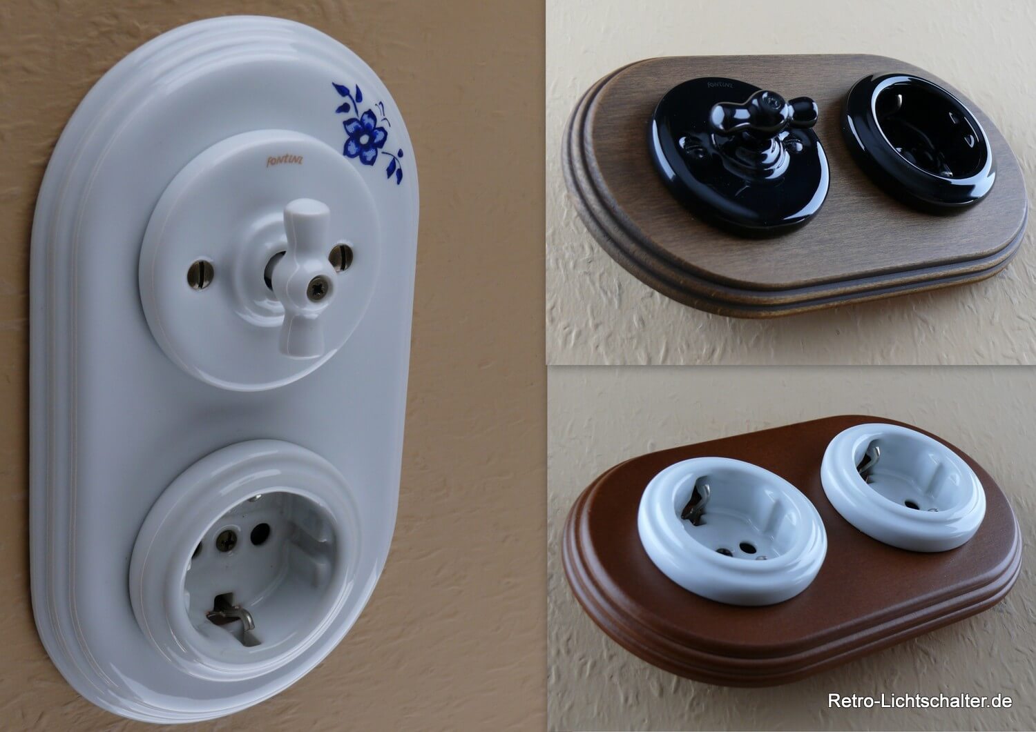 Komplette Schalter und Steckdosen aus der Serie Garby Colonial kombiniert im 2fach Rahmen